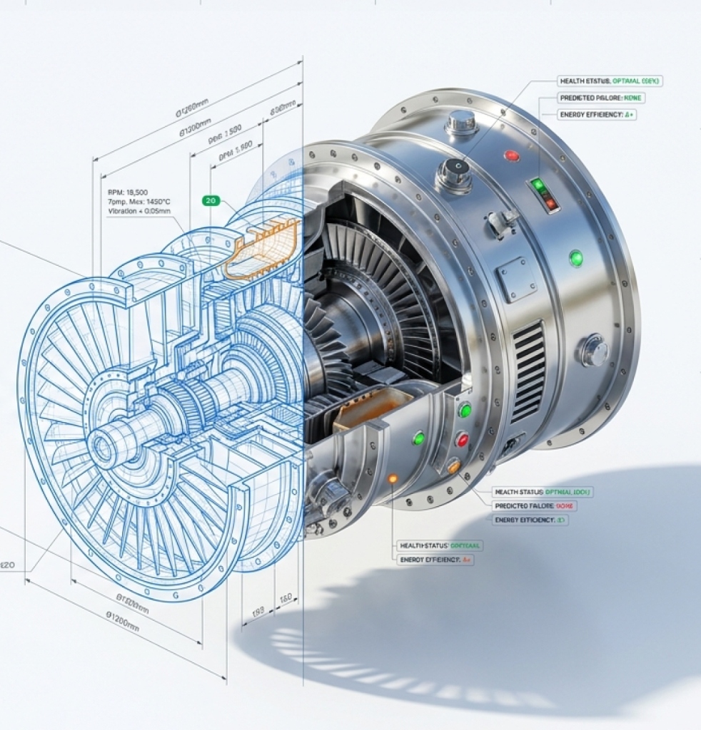 Corte 3D de turbina industrial con acotaciones y diagnóstico predictivo Badiroq